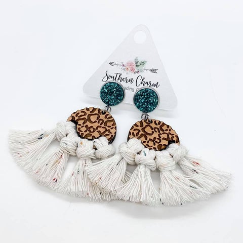 Oatmeal Cheetah Macrame Earrings