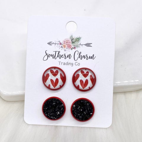 Red Heart & Black Crystal Stud Earrings