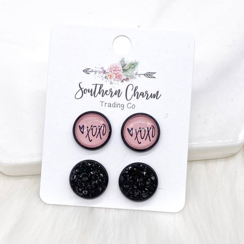 XOXO & Black Crystal Stud Earrings