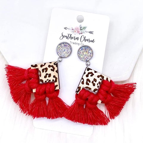 Red Cheetah Macrame Earrings