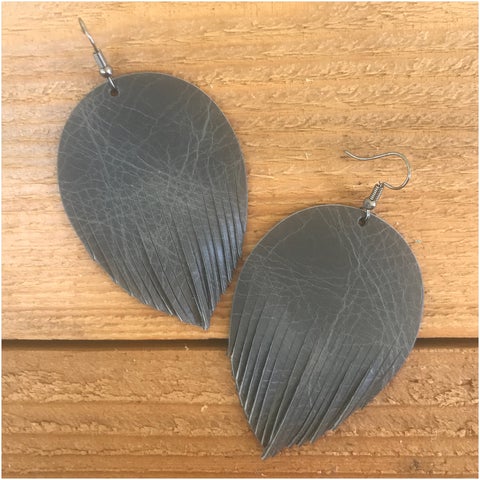 Grey Leather Fringe Earrings